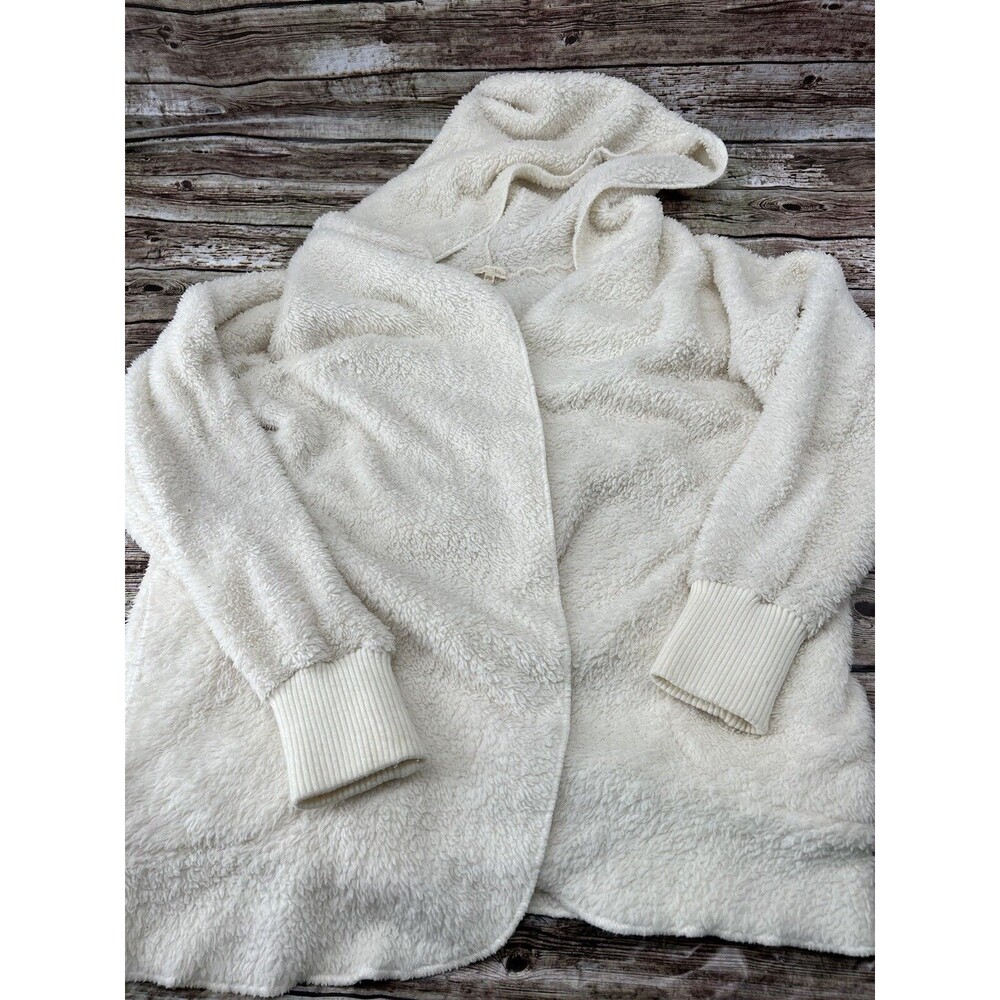 Hem & Thread Cotton Blend Chunky Fleece Open Front White Hooded Cardigan Sweater
